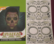 Pack of 2 - Halloween FACE Tattoos DAY of the DEAD GLOW Black Sugar SKULL 6