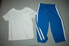 Toddler Boys Outfit SOLID WHITE S/S TEE SHIRT Blue Knit Pants w/ Stripes 18 MO