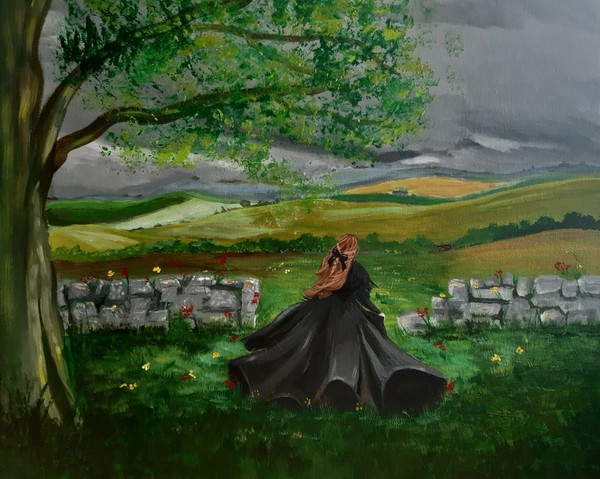 Pintura acrílica de una dama en un voluminoso vestido negro, caminando por los campos...