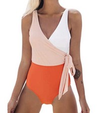 CUPSHE Womens Orange Color Block One Piece Swimsuit Faux Wrap NWT Size XL