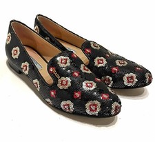 PRADA Dark Navy Silver Red Floral Sequin on Leather Loafer Flats Shoes 7.5 38