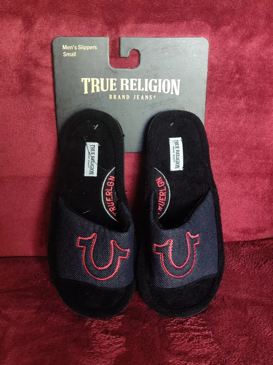 True Religion Men s Slides Slippers Denim Red Black Extra Soft