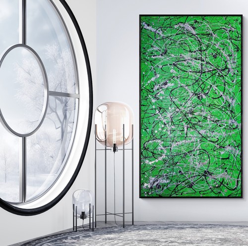 XXL Jackson Pollock Style Green Abstract Drip Painting - Handmade Art - 59x30 in - Picture 5 of 10