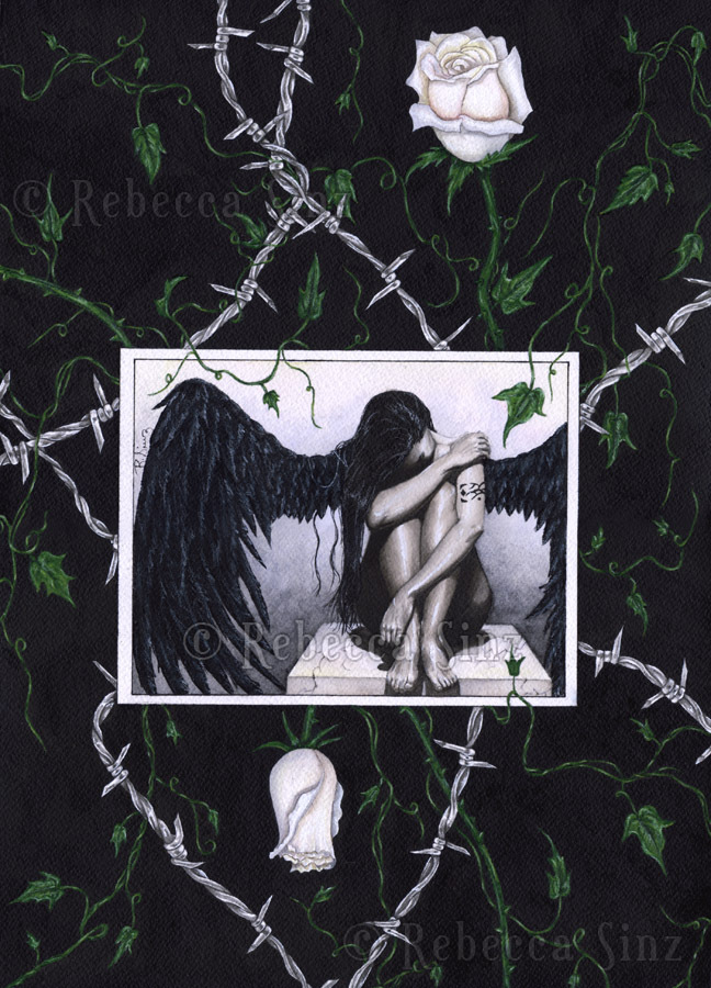Gothic Angel Fantasy Art ORIGINAL PAINTING Barbed Wire White Roses
