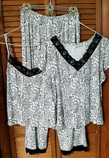 Womens Black & White 3Pc Pajama Set By Delicates Pants (S), Camisole & Top (M)