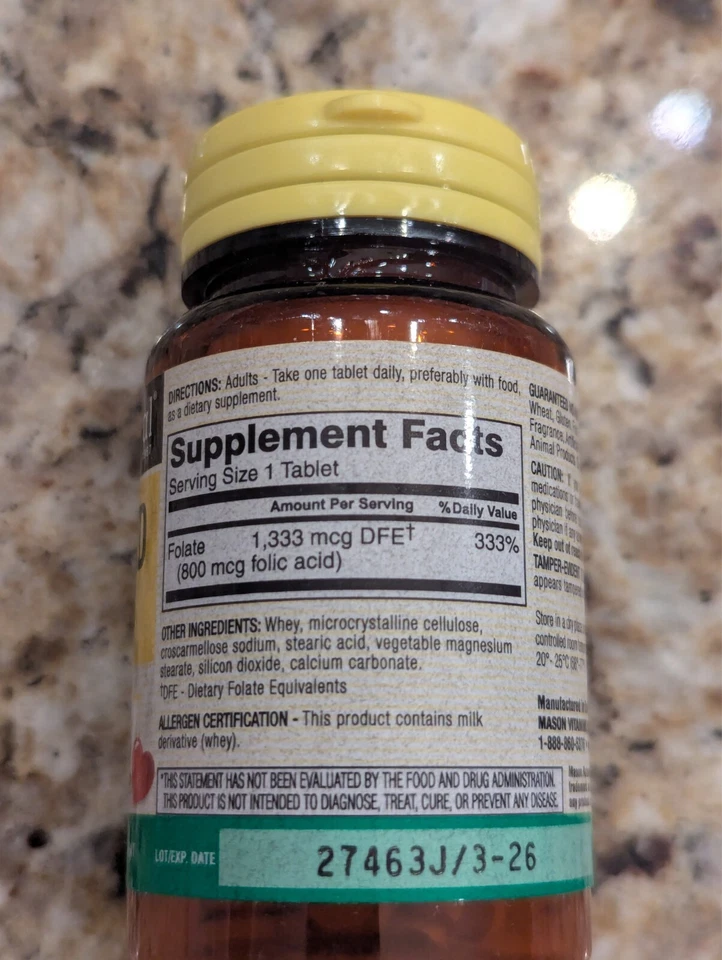 Mason Natural Ácido Fólico 800mcg Salud Cardiovascular 100 Comprimidos caducidad: 03/2026 Foto 2 de 4