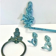 Cast Iron Mermaid Hooks & Towel Holder Rustic Nautical Bathroom Decor Hardware