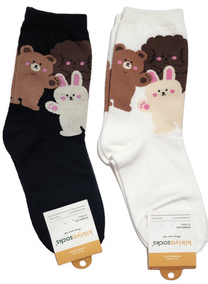 Kikiya Women Socks Teddy Bear & Friends Novelty 2 Pairs Black & White Crew