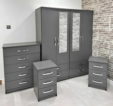 Ready Assembled 4 Door Mirrored Wardrobe with Drawers Grey Bedroom Furniture Set