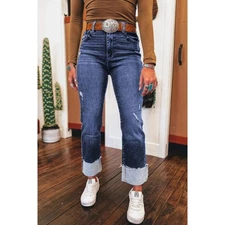 Folded Cuffs Distressed Straight High Waist Jeans