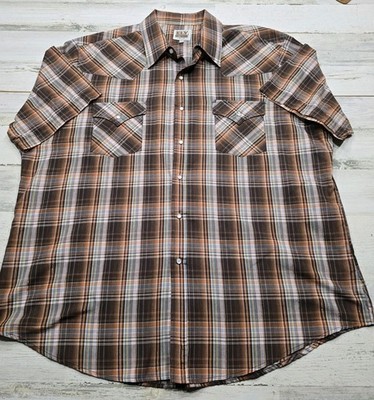Ely Cattleman Shirt Men's 2XL Pearl Snap Short Sleeve Brown Plaid Western EUC