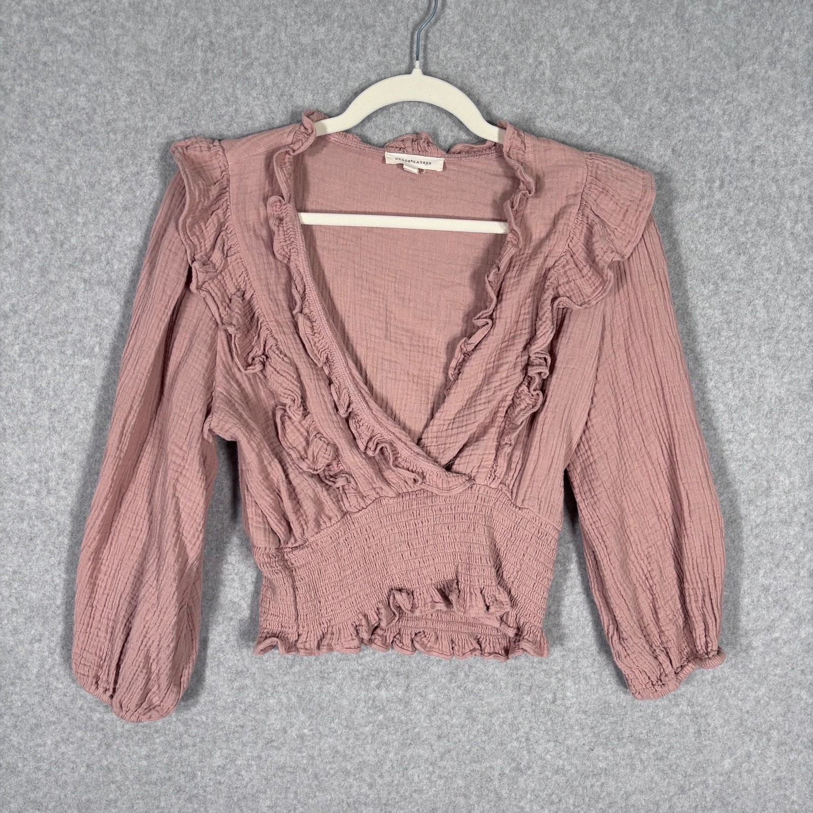 Anthropologie Grade Gather Blouse Medium Gauzy Crop Wrap Smocked Dusty Rose
