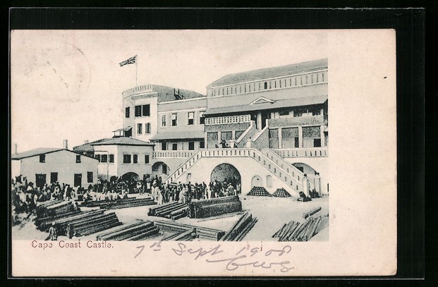 Old postcard Cape Coast, Castle, Union Jack 1908 