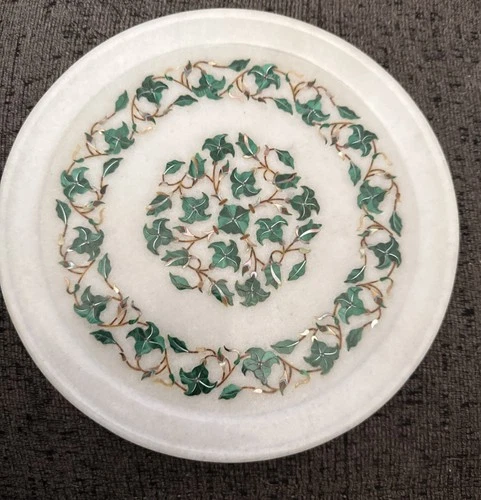 Marble Plate Inlay Malachite Floral Semi Precious Stones Inlay. Beautiful 9” EUC