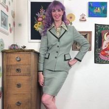 Vintage Green Wool Herringbone Suit, 1980s Pencil Skirt Wide Lapel Blazer Sz S