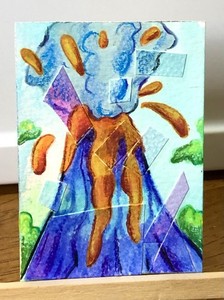 ACEO Original Summer Nature Island Dinosaur Volcano Cartoon Mini Art Drawing 
