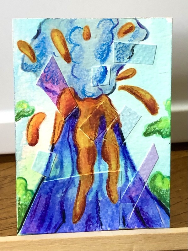 ACEO Original Summer Nature Island Dinosaur Volcano Cartoon Mini Art Drawing 