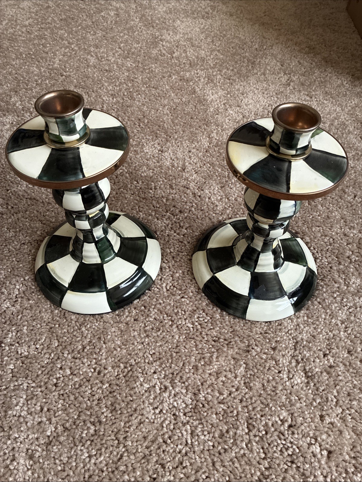 Mackenzie Child 8 Inch Candle Holder, Black And White Checkered Excellent Cond