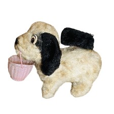 Vintage Dog Puppy with Basket Wind Up Toy Japan