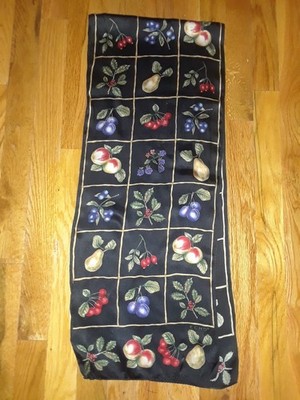 ECHO Black Red Green Fruit Pears Holly 100% Silk Oblong Scarf 58.5''