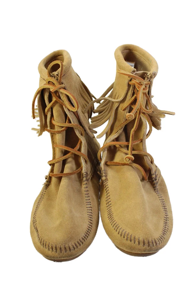 Minnetonka Womens Suede Fringe Trim Ankle Moccasin Boots Beige Size 9 - Image 2 of 4