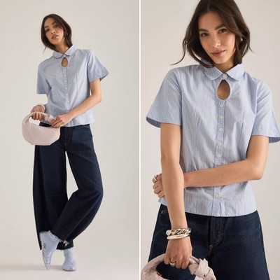 Damson Madder Ebba Keyhole Stripe Shirt Blue Scandi Top US 8 NWT