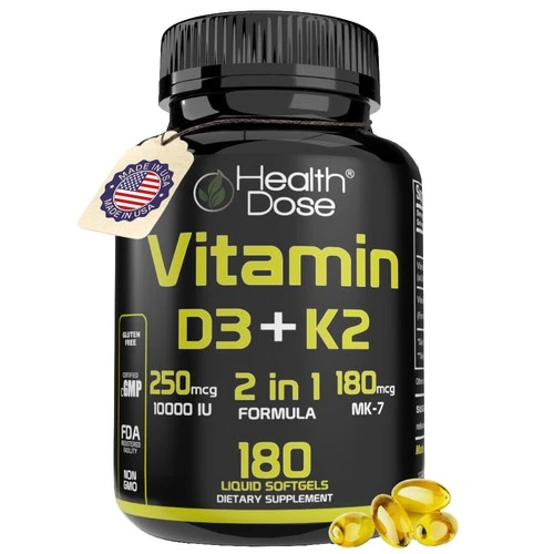 Health Dose Vitamin D3 + K2 Supplement. 2 in 1 Formula. Immune Support. 180 caps