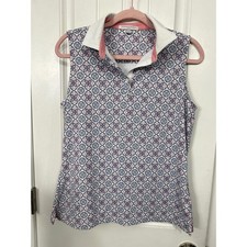 Fairway Greene Ladies Sleeveless Golf Polo Shirt Pink Blue Geometric Print M