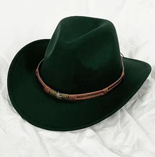 Green Western Cowboy Cowgirl Hat, Skull Ace Band, Felt Wide Brim Men Women Rodeo