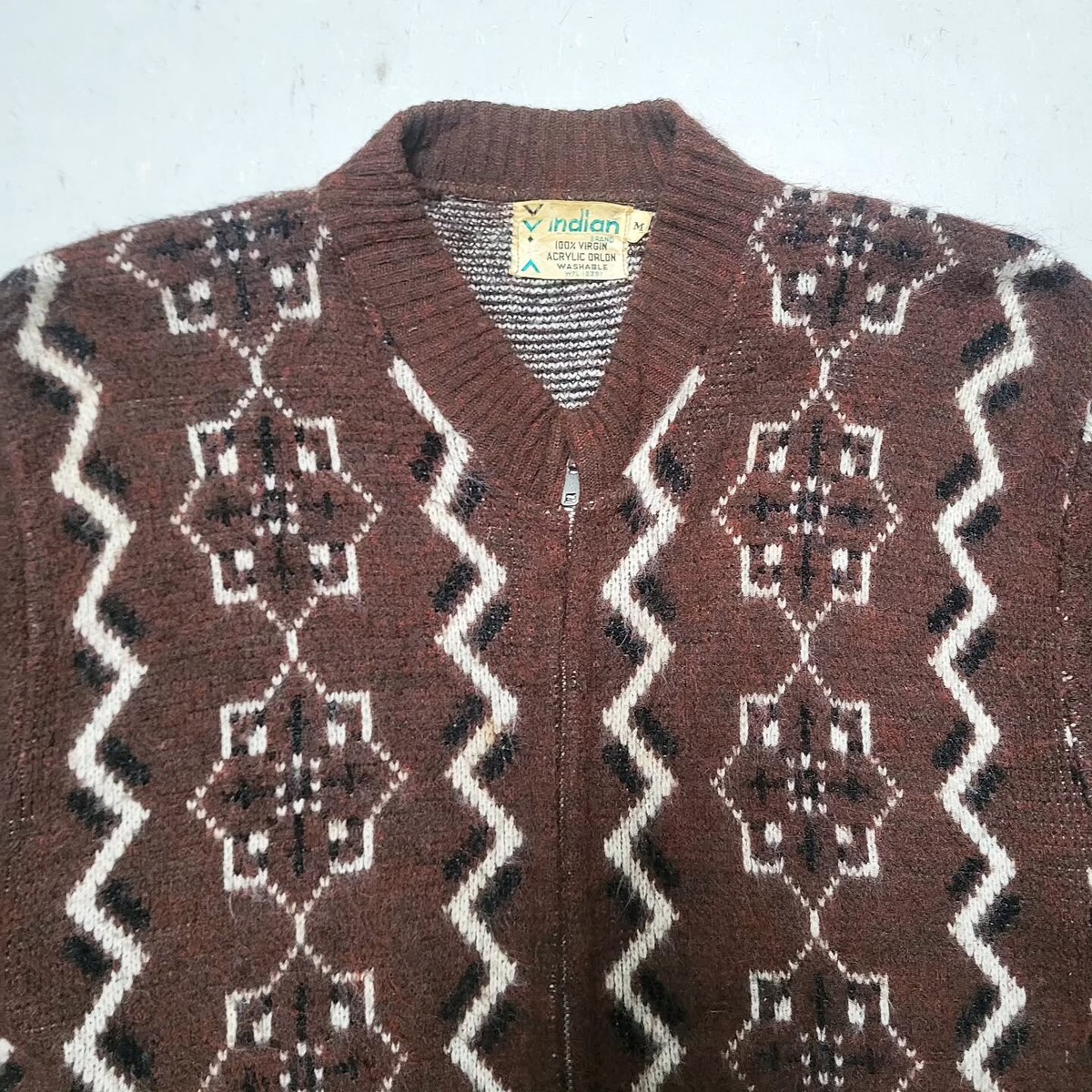 Vtg 50s 60s INDIAN Zip Sweater Cardigan Sz M Brown