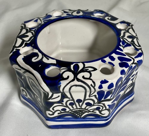 Vintage Mexican Talavera Pottery Toothbrush Holder & Cup Cobalt Blue Floral - Picture 6 of 14