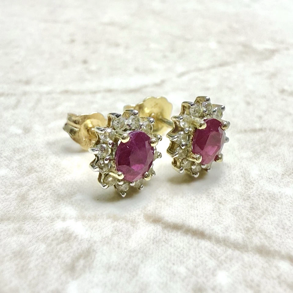 14K Oval Ruby & Diamond Halo Stud Earrings - 14K Yellow Gold Ruby Earrings - Image 4 of 4