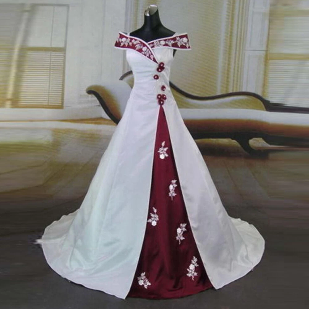 Designer Gown Maroon And Off White Dress Vintage Wedding Dresses Off  Shoulder Burgundy Lace Applique A