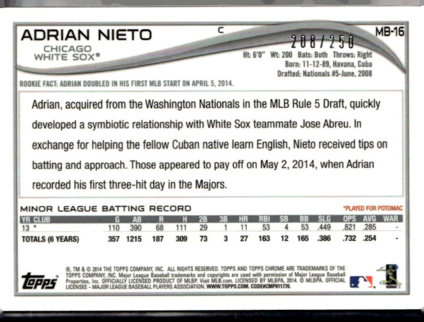 2014 Topps Update #MB-16 Adrian Nieto Gold #/250 Chicago White Sox (E) - Image 2 of 2