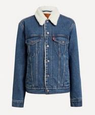 Levi Womens Ex-boyfriend Sherpa Blue Denim Trucker Jacket Size Small