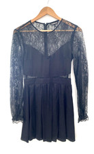 EXPRESS Black Satin & Lace Illusion Cutout Dress Long Sleeves Fit & Flare Size 4