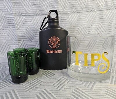Jagermeister Green Logo 5 Shot Glasses Flask &  Tip Jar  Bar Set Man Cave