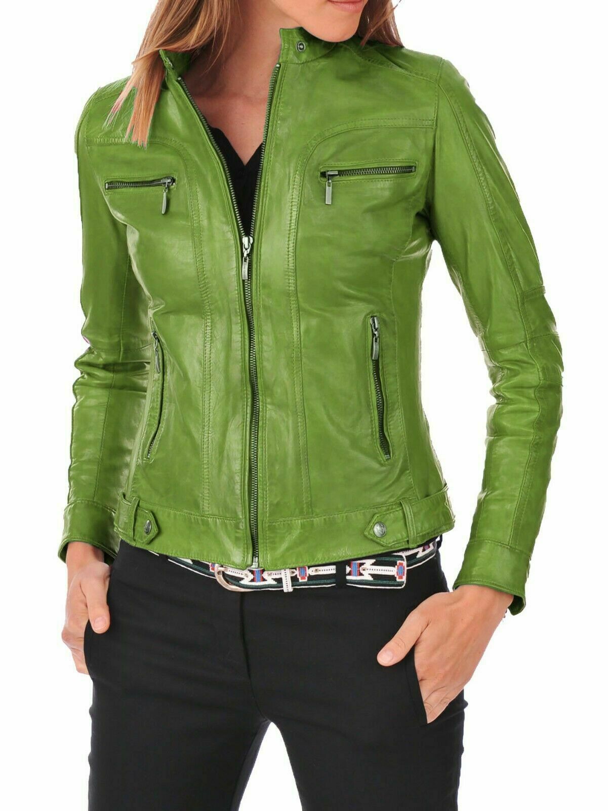 Abrigo De Cuero Verde Lima Para Mujer De Piel De Oveja Suave Y Elegante