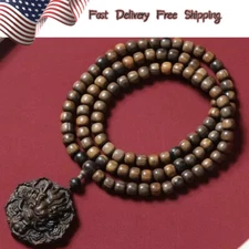 Natural Agarwood Carved Necklace Pendant Dragon Sculpture Prayer Bead Amulet NEW