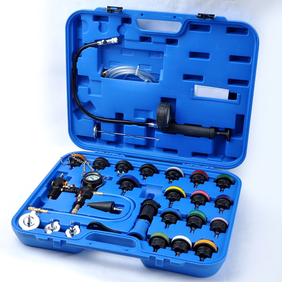28PC UNIVERSAL RADIATOR PRESSURE TESTER KIT & VACUUM TYPE COOLING PURGE REFILL E - Foto 5