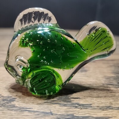 Fish Hand made green Clear glass bubbles 4 In Puffer Blown Cute