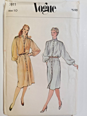 Vogue 7911 Dress Sewing Pattern Ladies 10 UC VTG Loose High Collar Button Front