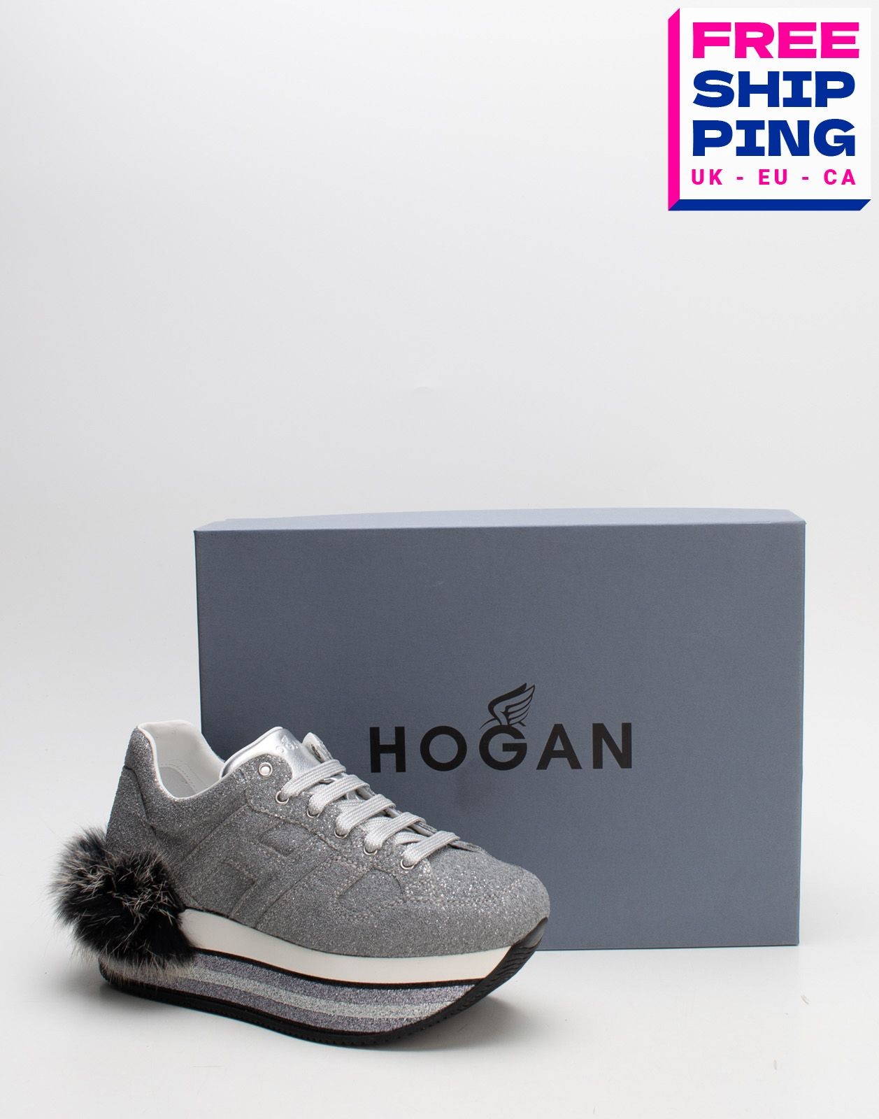 RRP€420 HOGAN Reflective Sneakers US5 UK2 EU35 Rabbit Fur Trim Made in Italy