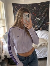 Adidas Purple Cropped Hoodie Originals Trefoil 3 Stripes Jacket Women s Medium