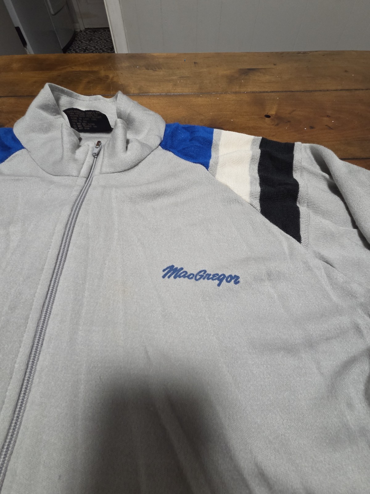 Vtg 80s MacGregor Track Jacket L Thrashed Colorblock Gray Blue image 2