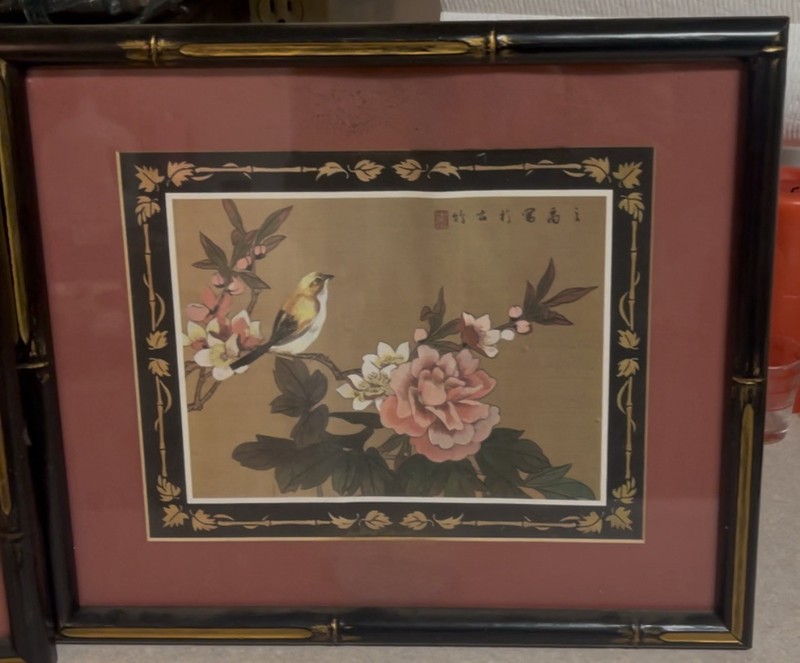 Set Of 2 Chinese painting bird and flowers vintage watercolor on silk