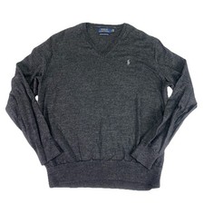 Polo Ralph Lauren V Neck Sweater Men's L Gray Washable Merino Wool Pullover
