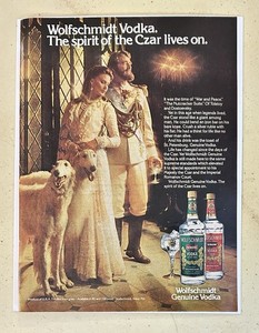 Wolfschmidt Vodka Borzoi Spirit of the Czar Lives On Original Vintage Ad 8x11.5”