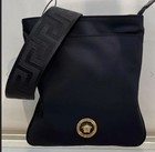VERSACE Flat Crossbody Bag Fabric Calf Leather Black $850 Retail