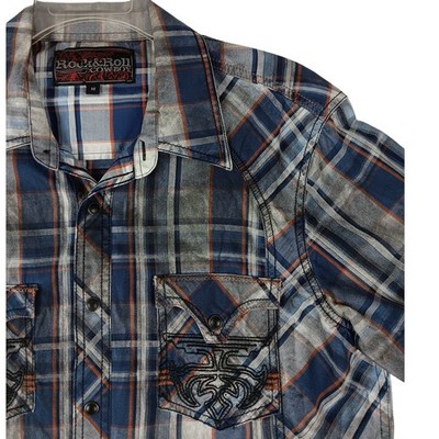 Rock & Roll Cowboy Western Shirt Mens M Smoke Plaid Blue Pearl Snap Embroidered